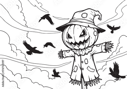Scarecrow with a pumpkin head and crows flying in the sky