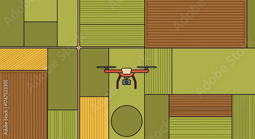 Modern agricultural drone flying over cultivated fields.