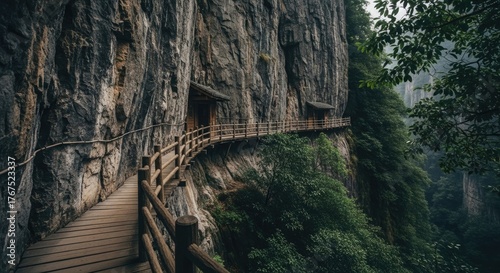 Wooden walkway carved into a lush green forest cliffside