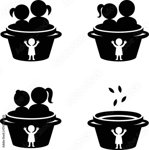 Buckket boy and girl Hands Vector Illustration  Charity Food Donation Box Concept Black Silhouette Design Humanitarian Relief Food Aid Community Food Support and Aid Concept Vector