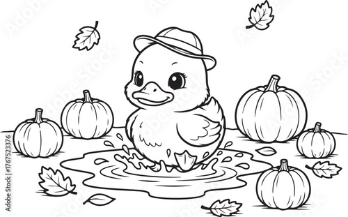 Cute duckling in a hat splashing in a puddle surrounded by pumpkins