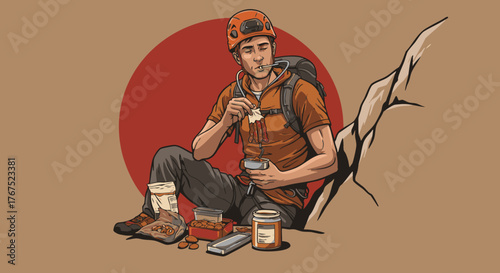 Adventurer enjoying a meal break surrounded by nature during a challenging outdoor expedition