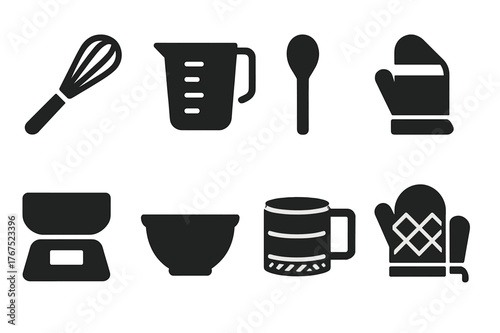Baking Tools Icons. Baking tools. Filled icon set of baking tools: whisk, measuring cup, wooden spoon, dough