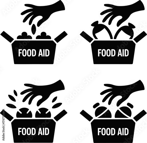 Food Aid Box Silhouette with Helping Hands Vector Illustration  Charity Food Donation Box Concept Black Silhouette Design Humanitarian Relief Food Aid Vector Illustration