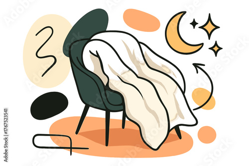 Minimalist Nocturnal Comfort. Minimalist interior. A glowing duvet draped in a stylish corner chair with