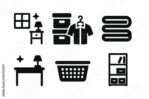 Home Organization Icons. Home organization. Filled icon set of home organization: tidy room, storage boxes,