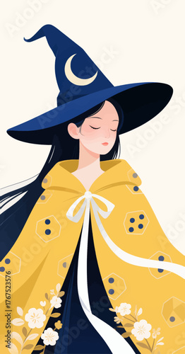 Serene witch with crescent moon hat, yellow floral cape, peaceful expression