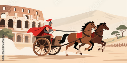 Roman chariot racer in flat style racing past colosseum with horses and soldiers