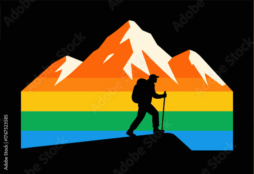 Silhouette hiker ascending rainbow mountain peak, minimalist flat design, isolated