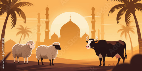 Sheep and cow beside mosque silhouette, tropical sunset palm trees background