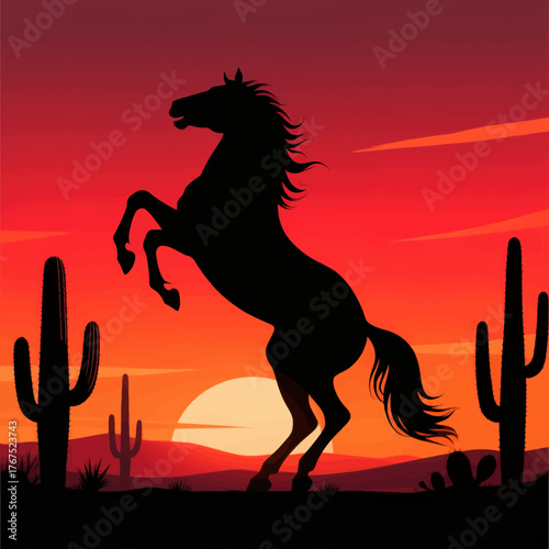 Silhouette of rearing horse in desert sunset, vector illustration with cacti