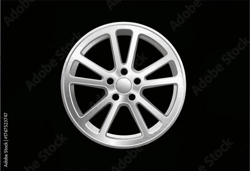 Silver alloy wheel rim with five spokes, minimalist design, isolated on black