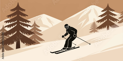 Silhouette skier skiing down snowy mountain slope with pine trees