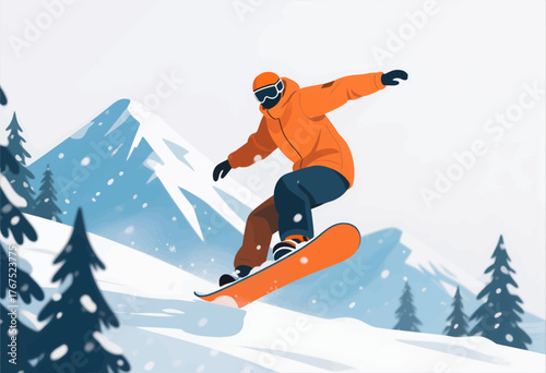 Snowboarder in orange jacket gliding down snowy slope, flat colorful winter scene