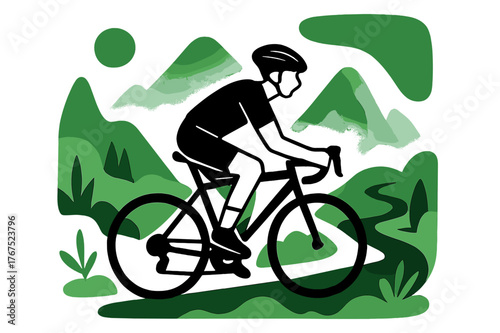 Cyclist in Misty Mountains. Cycling through hidden mountain passes. A lone cyclist glides past misty peaks and