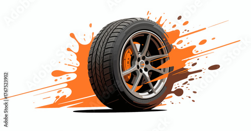 Stylized car tire with orange splashes, dynamic motion effect, isolated on white