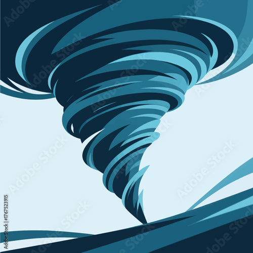 Stylized blue tornado swirl graphic, modern abstract weather vortex design