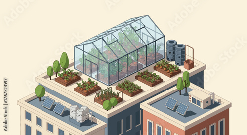 Rooftop Urban Farming with Greenhouse and Garden Beds.