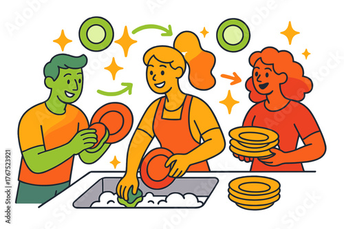 Teamwork in Action. Cleanup teamwork. Glowing characters clearing dishes together with floating icons of