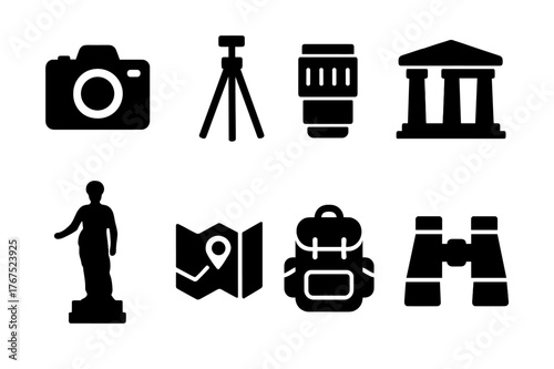 Tourist Photography Icons. Tourist photography. Filled icon set of Tourist photography: camera, tripod, lens,