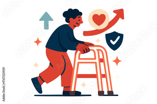 Modern Mobility Aids. Assistive devices. A character using a glowing cane or walker, floating arrows and icons