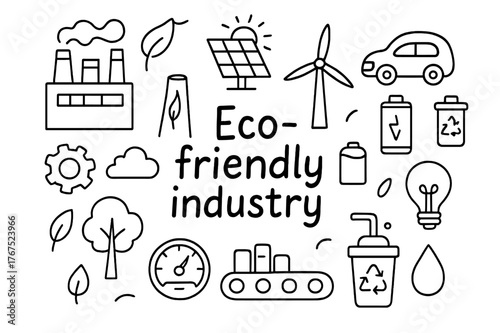 Eco Innovation Doodle. Eco-friendly industry. Hand-drawn doodle illustration of Eco-friendly industry. Factory