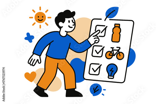 Eco Habit Checklist. Eco habit builder. A character taps on checkboxes for sustainable actions ? refill water