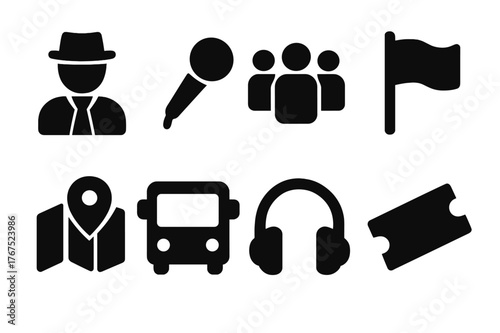 Guided Tour Icons. Guided tours. Filled icon set of Guided tours: tour guide, microphone, group of people,