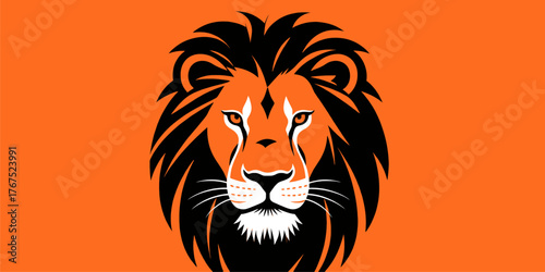 Stylized lion head logo, bold orange and black design, isolated on vibrant background