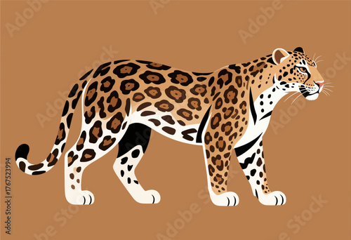 Stylized leopard walking profile, minimalist wildlife art, isolated on brown background