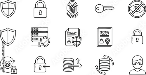 Cybersecurity and Data Protection Line Icons Set for Digital Safety and Privacy.