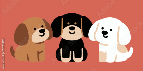 Three cute cartoon dogs sitting together, minimalist flat design, cheerful pet illustration