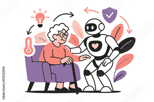 Smart Home Interaction. Smart home care. A domestic robot interacting with connected home devices?temperature,