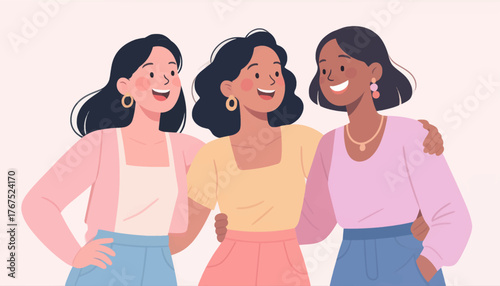 Three smiling women friends embracing, cheerful cartoon illustration, pastel colors
