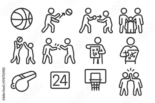 Basketball Teamwork Icons. Basketball teamwork. Line outline icon set of Basketball teamwork: basketball, pick