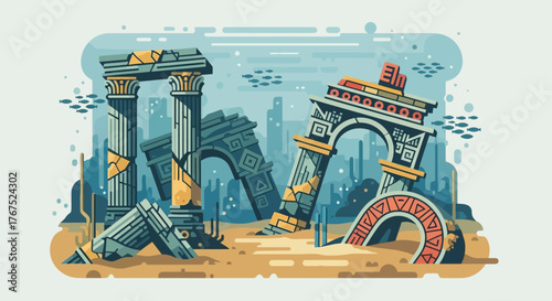 Underwater Ruins of an Ancient Civilization with Columns and Arches.