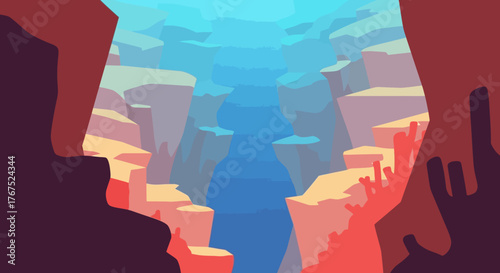 Vibrant flat design illustration of a deep canyon gorge.
