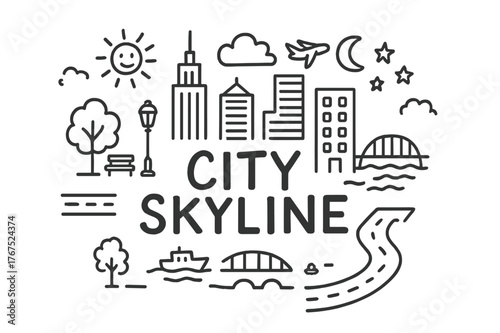 City Skyline Doodle. City Skyline. Hand-drawn doodle illustration of City Skyline. skyscraper, office tower,