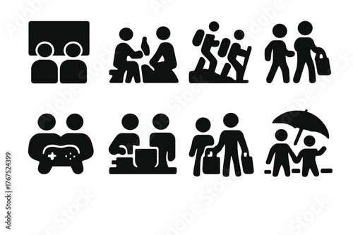 Shared Activities Icons. Shared activities. Filled icon set of shared activities: movie night, picnic, hiking,