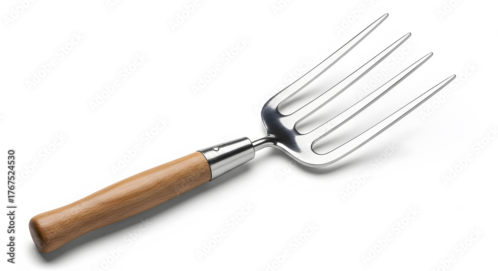 Fototapeta premium Gardening Fork Close-Up: A detailed shot of a shiny, clean gardening fork, showcasing its robust wooden handle and sturdy tines, perfect for cultivating the earth and nurturing plants.