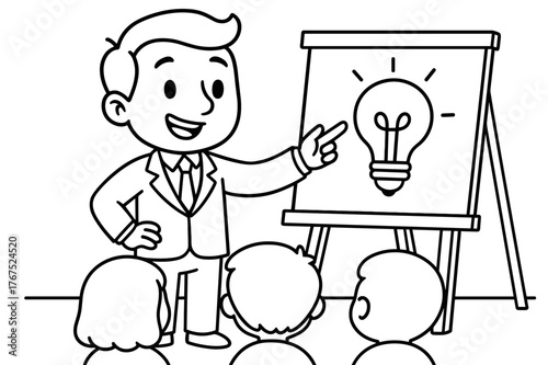 Entrepreneur's Fun Demo. Product demo children?s coloring book illustration, outlined drawing, cartoon