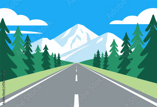 Vector road through pine forest toward snowy mountains, flat design, scenic travel background