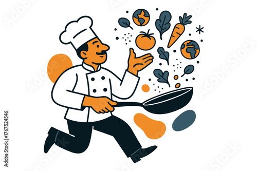 Global Culinary Fusion. Cooking without borders. A chef tosses ingredients into the air ? spices, vegetables,