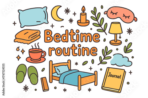 Bedtime Doodle Art. Bedtime routine. Hand-drawn doodle illustration of Bedtime routine. Pillow, blanket, bed,
