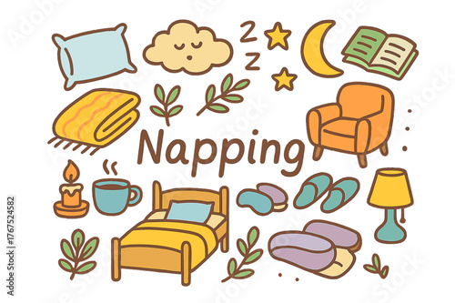 Cozy Napping Doodle. Napping. Hand-drawn doodle illustration of Napping. Pillow, blanket, cloud, moon, stars,