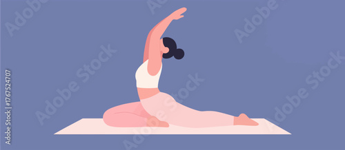 Woman practicing yoga pose on mat, minimalist flat design, serene exercise session