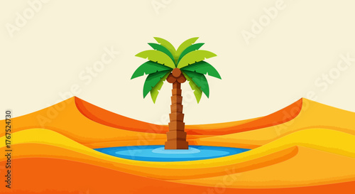 Vibrant Oasis with Palm Tree in Desert Landscape.