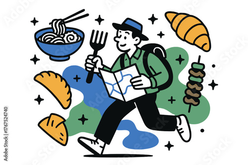 Global Food Adventure. Global taste adventure. A traveler with a fork and map explores icons of food cultures