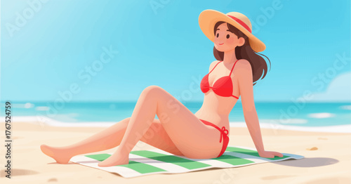 Woman in red bikini relaxing on beach towel under sunny sky, colorful vector illustration