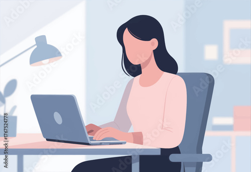 Woman working on laptop in modern office, flat minimal style, focused professional scene